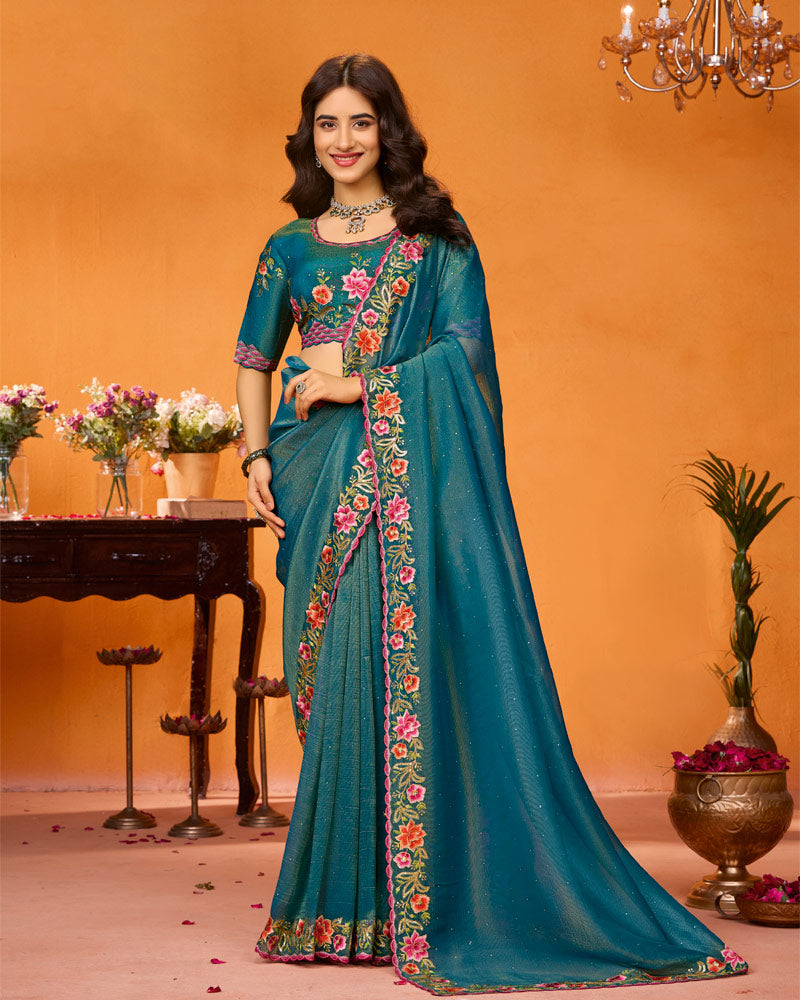 Vishal Prints Peacock Blue Designer Fancy Chiffon Saree With Zari-Embroidery-Diamond Work And Tassel