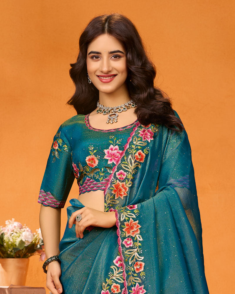Vishal Prints Peacock Blue Designer Fancy Chiffon Saree With Zari-Embroidery-Diamond Work And Tassel