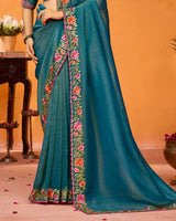 Vishal Prints Peacock Blue Designer Fancy Chiffon Saree With Zari-Embroidery-Diamond Work And Tassel