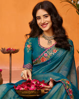 Vishal Prints Peacock Blue Designer Fancy Chiffon Saree With Zari-Embroidery-Diamond Work And Tassel