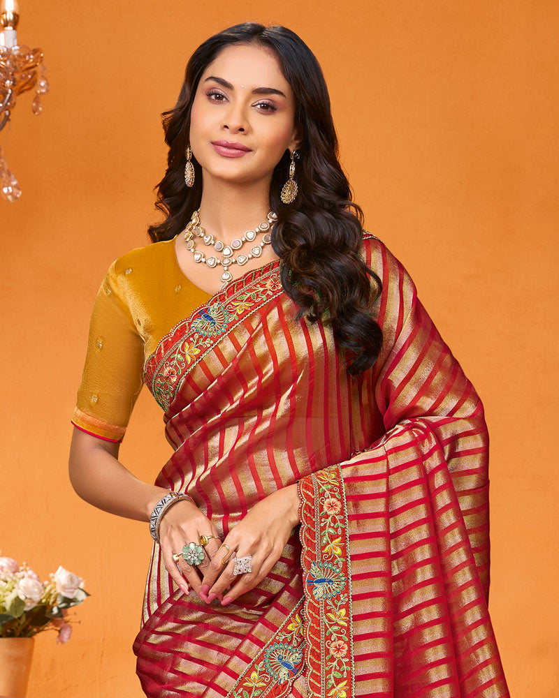 Vishal Prints Dark Red Designer Art Silk Saree With Embroidery-Diamond Work And Cut Work Border
