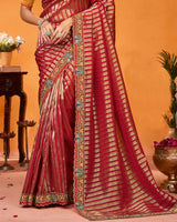 Vishal Prints Dark Red Designer Art Silk Saree With Embroidery-Diamond Work And Cut Work Border