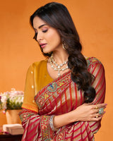 Vishal Prints Dark Red Designer Art Silk Saree With Embroidery-Diamond Work And Cut Work Border