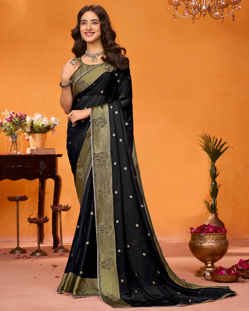 Vishal Prints Midnight Black Designer Chiffon Saree With Embroidery-Diamond Work And Cut Work Border