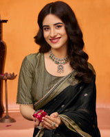 Vishal Prints Midnight Black Designer Chiffon Saree With Embroidery-Diamond Work And Cut Work Border