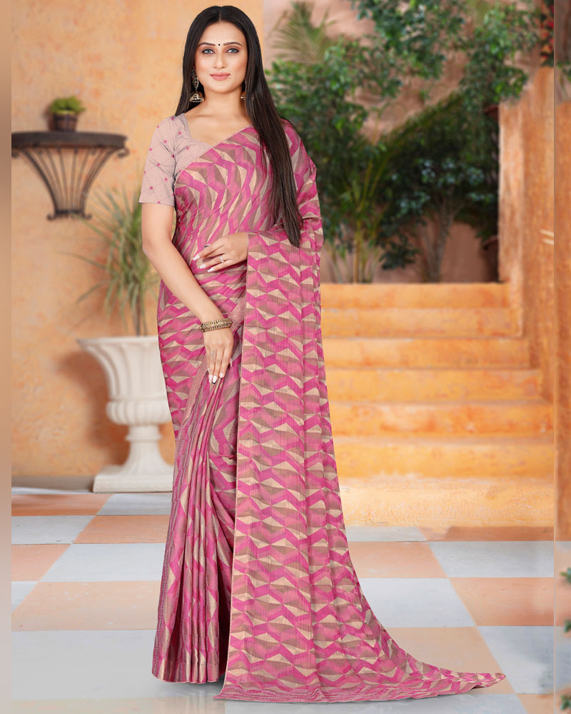 Vishal Prints Rani Printed Fancy Chiffon Saree With Core Piping