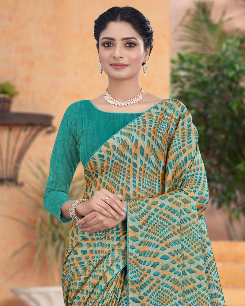 Vishal Prints Mist Green Printed Fancy Chiffon Saree With Core Piping