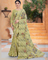 Vishal Prints Pastel Olive Printed Fancy Chiffon Saree With Core Piping