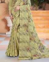 Vishal Prints Pastel Olive Printed Fancy Chiffon Saree With Core Piping