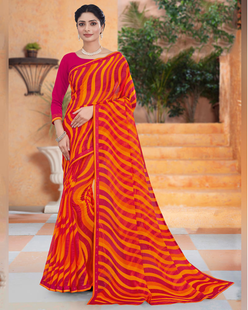 Vishal Prints Lipstick Pink Printed Fancy Chiffon Saree With Border