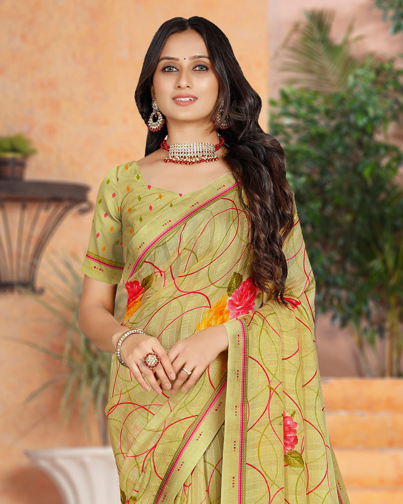 Vishal Prints Light Mehandi Green Printed Fancy Chiffon Saree With Border