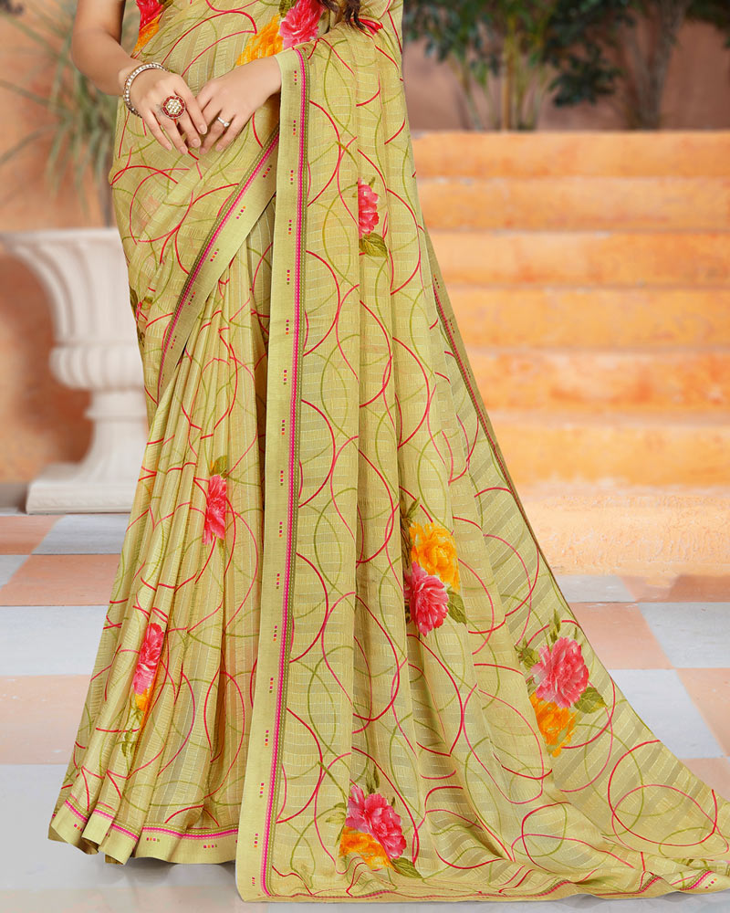 Vishal Prints Light Mehandi Green Printed Fancy Chiffon Saree With Border