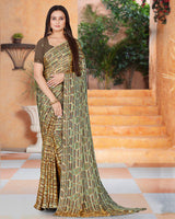 Vishal Prints Fawn Printed Fancy Chiffon Saree With Core Piping