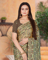 Vishal Prints Fawn Printed Fancy Chiffon Saree With Core Piping