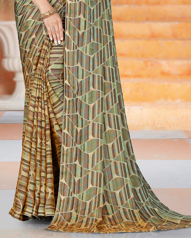 Vishal Prints Fawn Printed Fancy Chiffon Saree With Core Piping