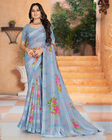 Vishal Prints Cool Grey Printed Fancy Chiffon Saree With Core Piping