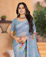 Vishal Prints Cool Grey Printed Fancy Chiffon Saree With Core Piping
