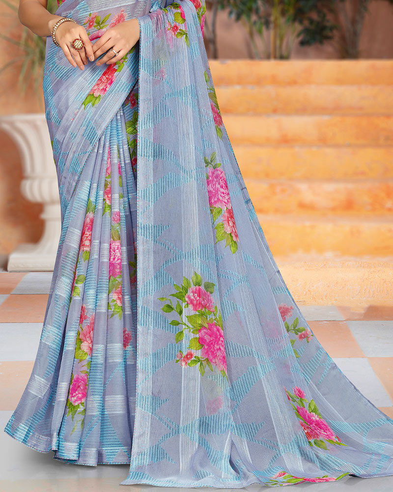 Vishal Prints Cool Grey Printed Fancy Chiffon Saree With Core Piping