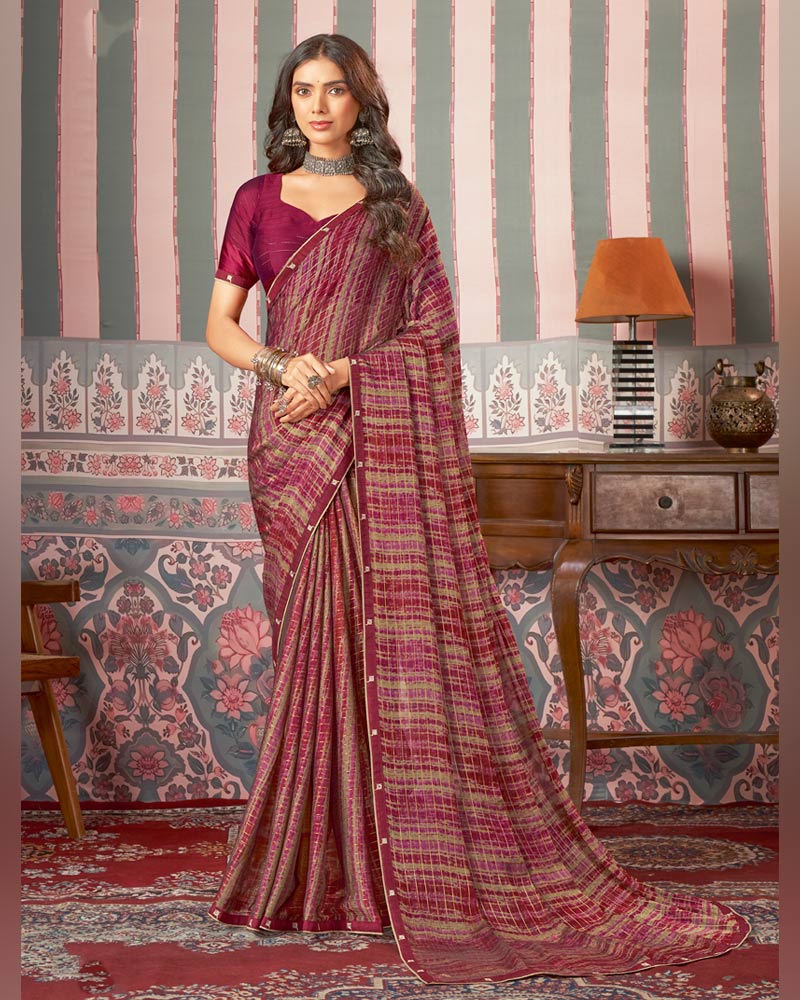 Vishal Prints Deep Maroon Printed Patterned Chiffon Saree With Fancy Border