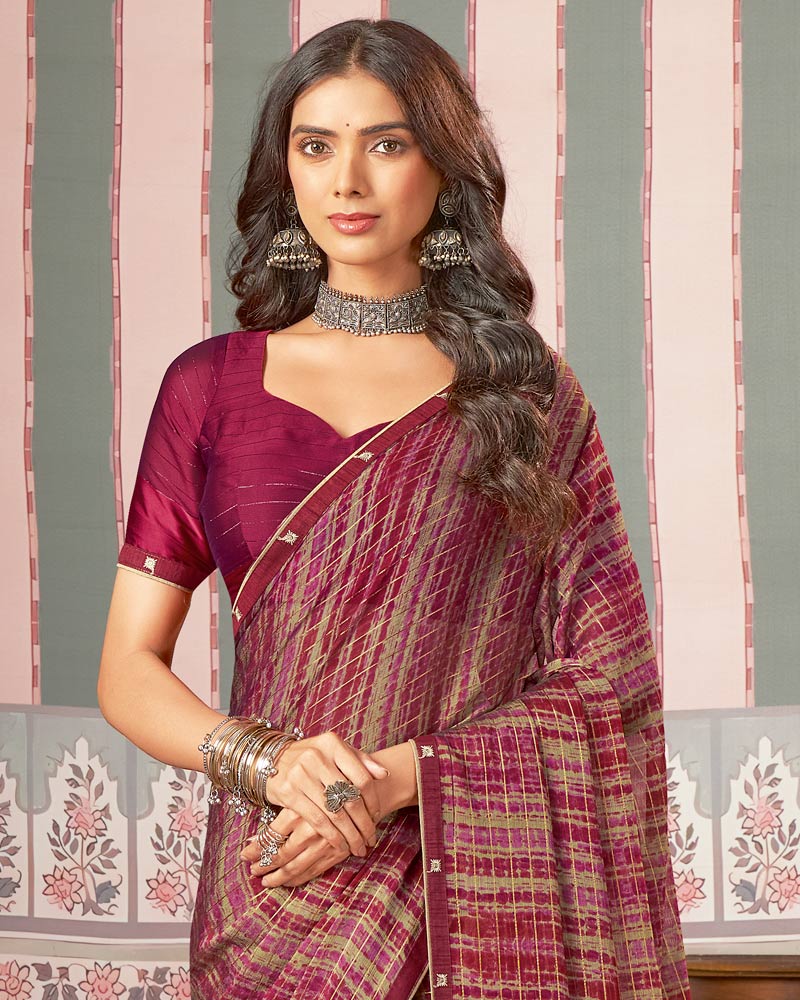 Vishal Prints Deep Maroon Printed Patterned Chiffon Saree With Fancy Border