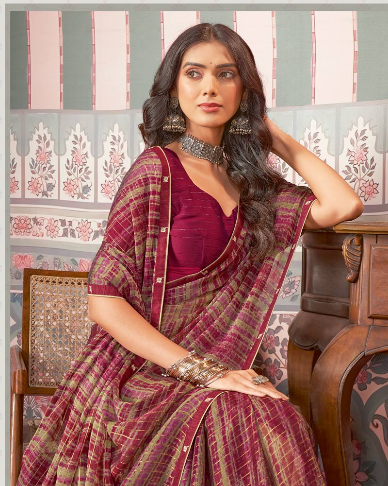 Vishal Prints Deep Maroon Printed Patterned Chiffon Saree With Fancy Border