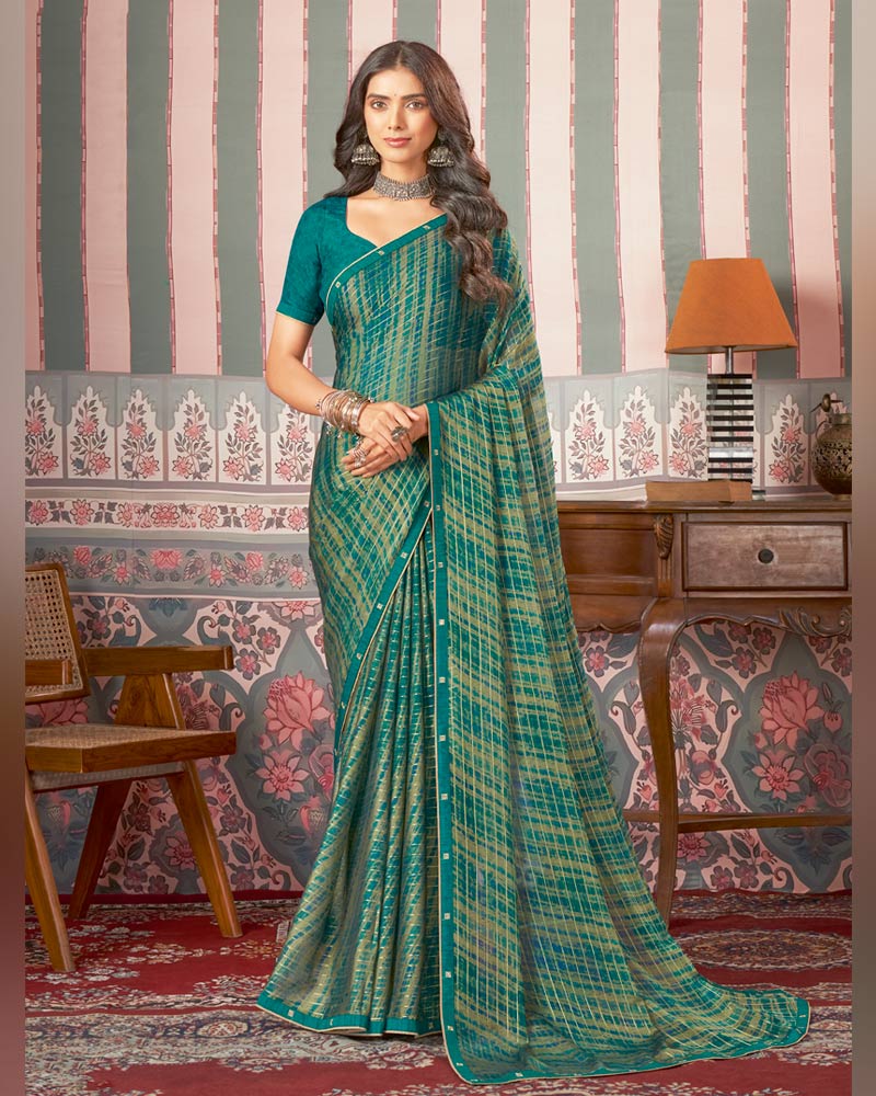 Vishal Prints Deep Sea Green Printed Patterned Chiffon Saree With Fancy Border