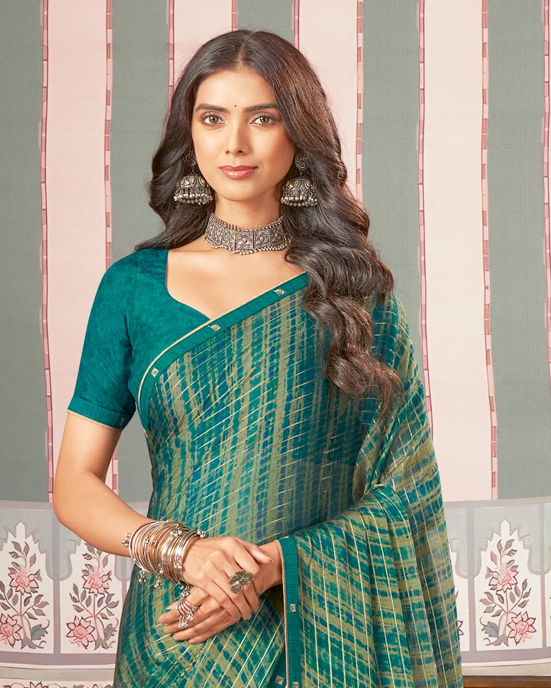 Vishal Prints Deep Sea Green Printed Patterned Chiffon Saree With Fancy Border