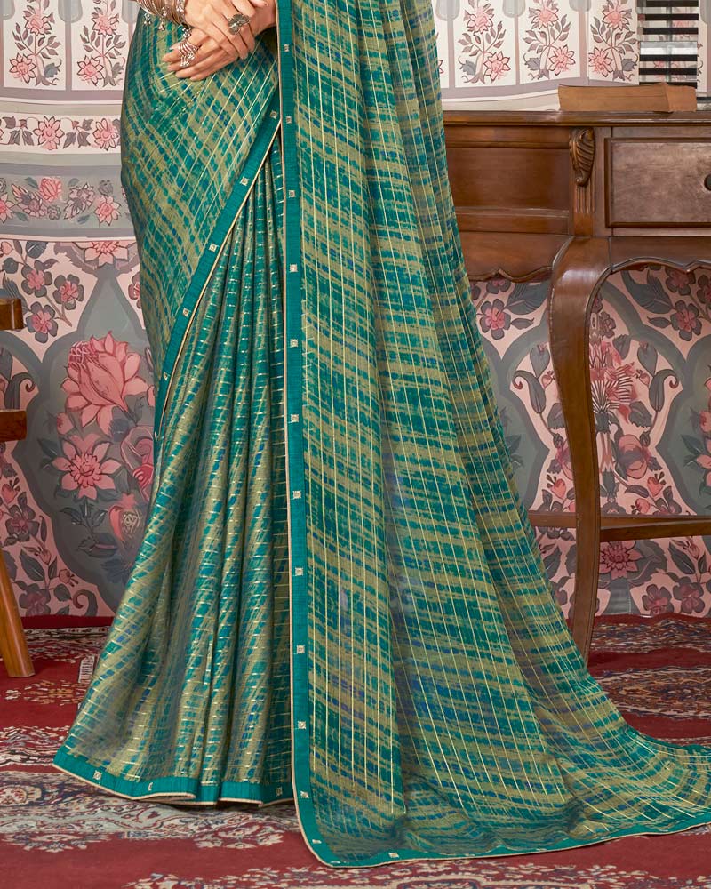 Vishal Prints Deep Sea Green Printed Patterned Chiffon Saree With Fancy Border