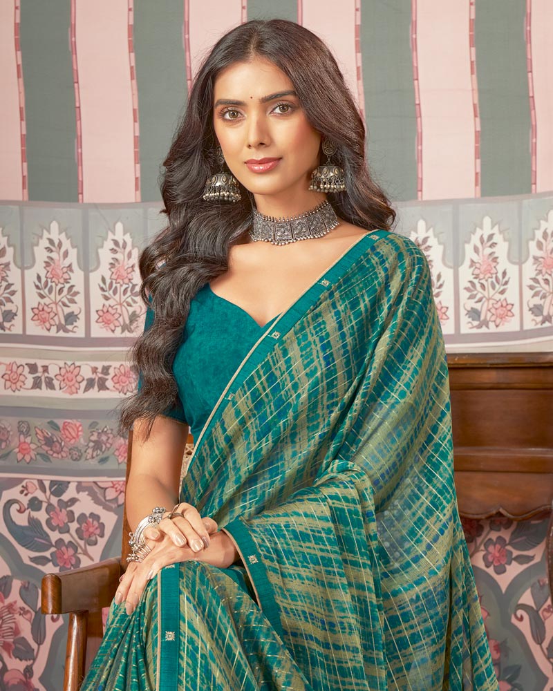 Vishal Prints Deep Sea Green Printed Patterned Chiffon Saree With Fancy Border