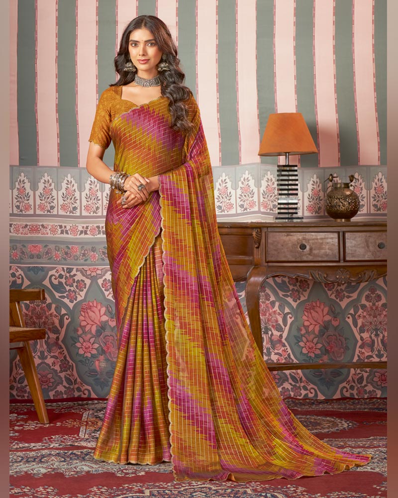 Vishal Prints Multicolor Printed Patterned Chiffon Saree With Fancy Cut Work Border