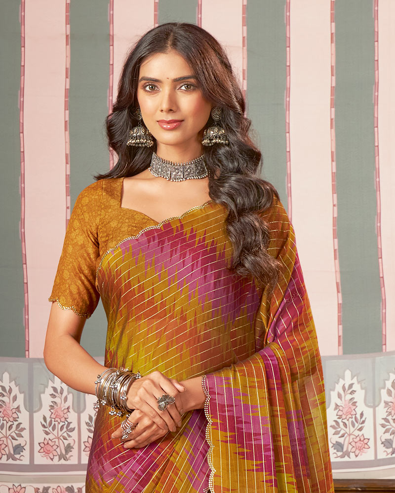 Vishal Prints Multicolor Printed Patterned Chiffon Saree With Fancy Cut Work Border