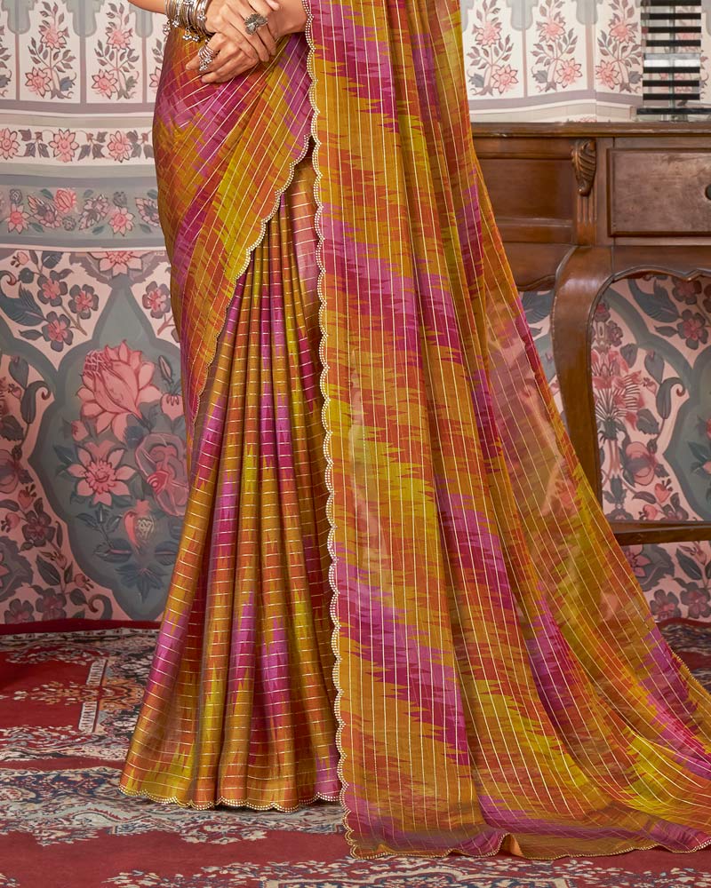 Vishal Prints Multicolor Printed Patterned Chiffon Saree With Fancy Cut Work Border
