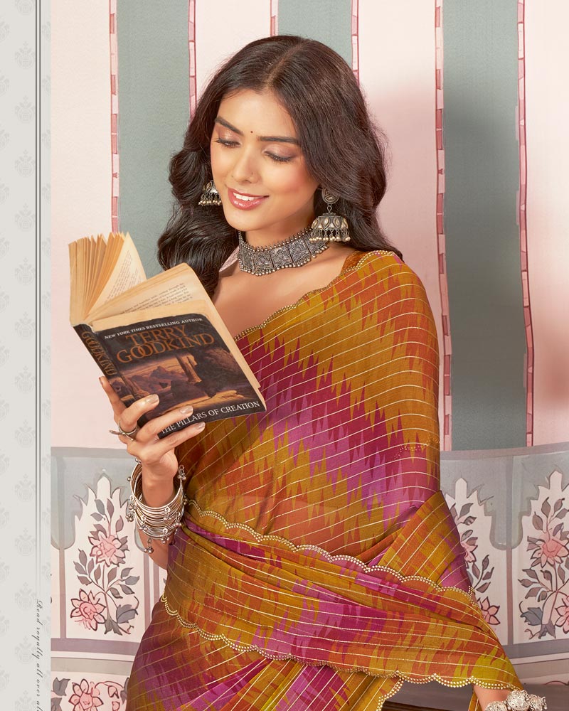 Vishal Prints Multicolor Printed Patterned Chiffon Saree With Fancy Cut Work Border