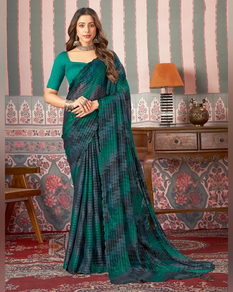 Vishal Prints Deep Teal Green Printed Patterned Chiffon Saree With Fancy Cut Work Border