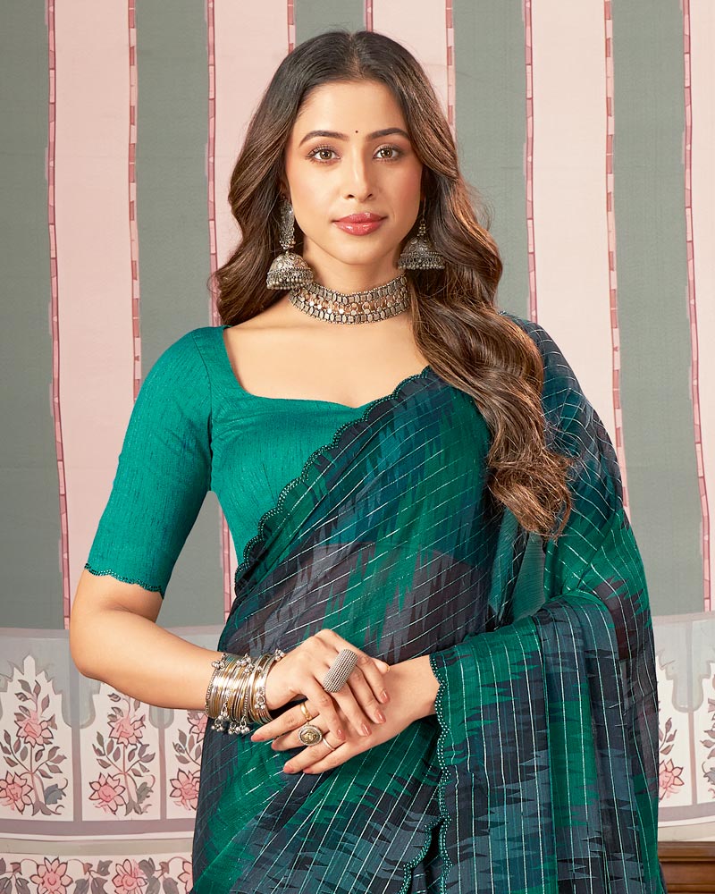 Vishal Prints Deep Teal Green Printed Patterned Chiffon Saree With Fancy Cut Work Border