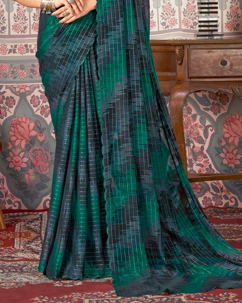 Vishal Prints Deep Teal Green Printed Patterned Chiffon Saree With Fancy Cut Work Border