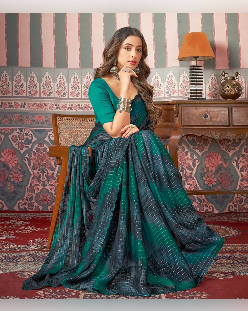 Vishal Prints Deep Teal Green Printed Patterned Chiffon Saree With Fancy Cut Work Border