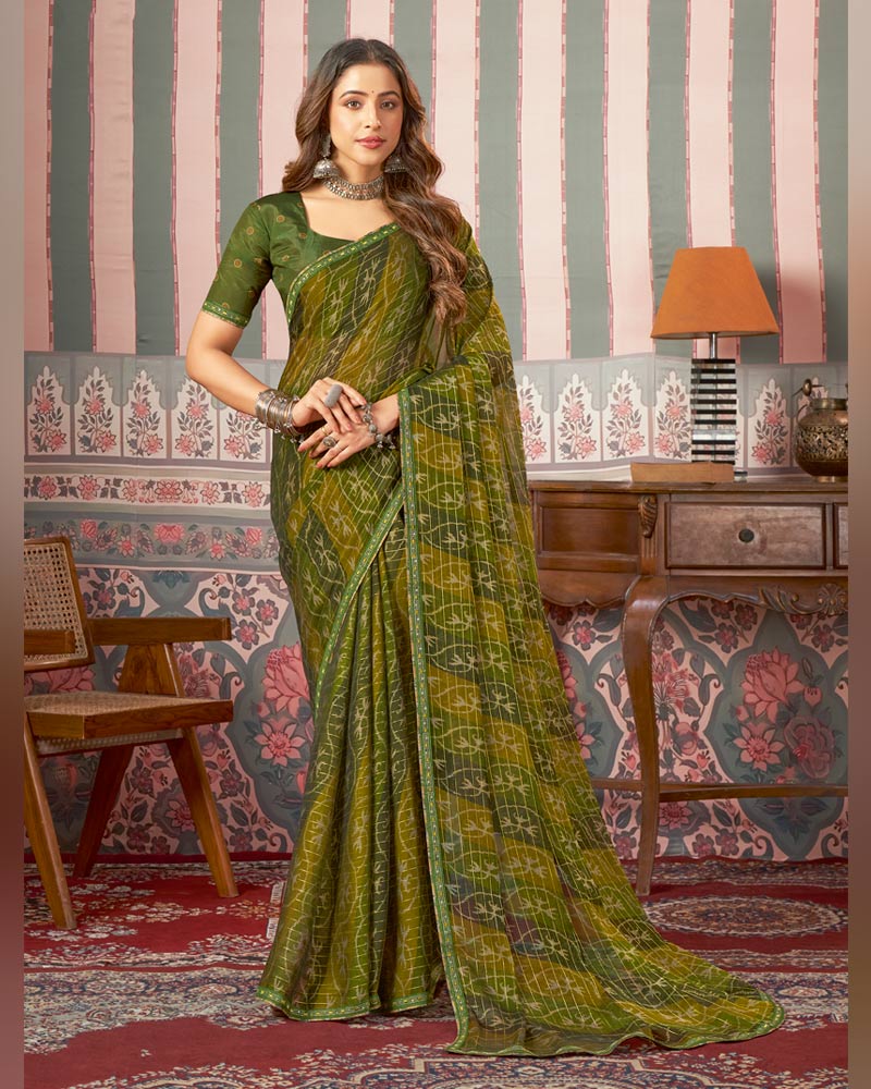 Vishal Prints Multi Green Printed Patterned Chiffon Saree With Fancy Border