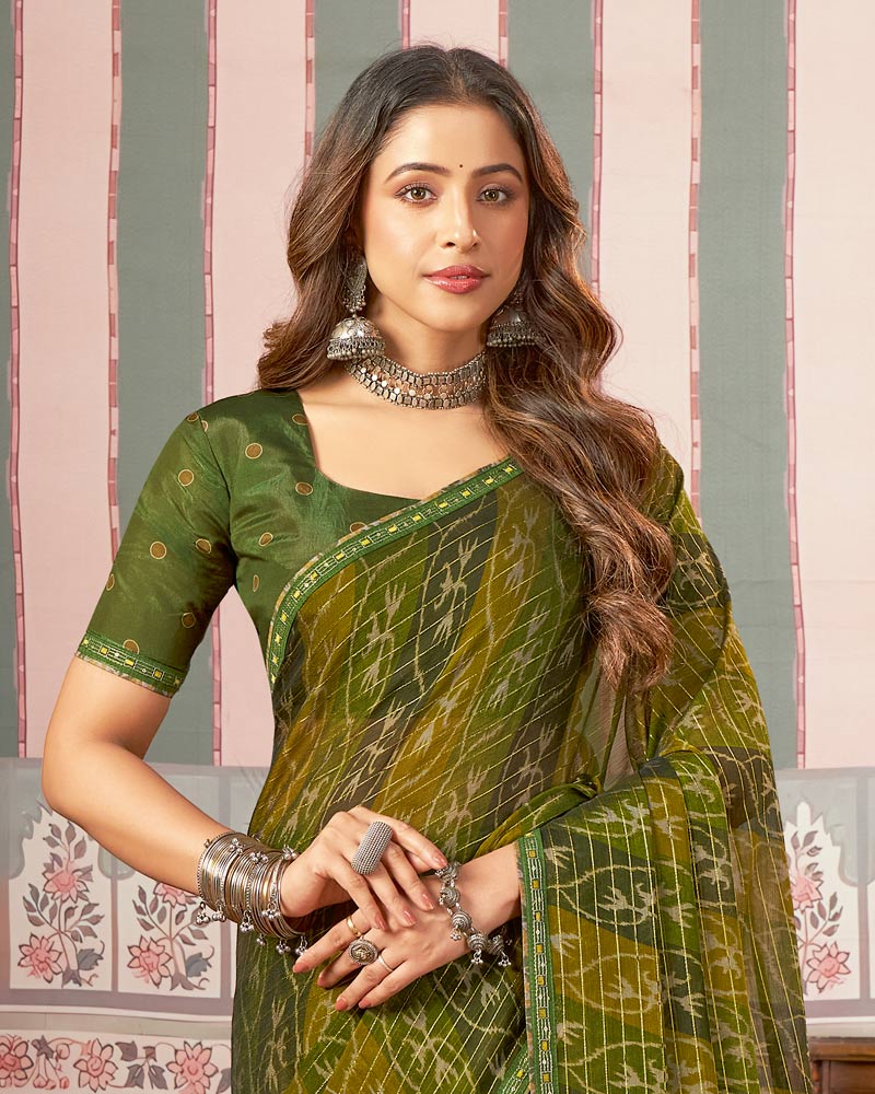 Vishal Prints Multi Green Printed Patterned Chiffon Saree With Fancy Border