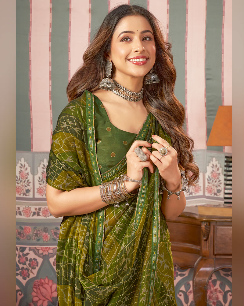 Vishal Prints Multi Green Printed Patterned Chiffon Saree With Fancy Border
