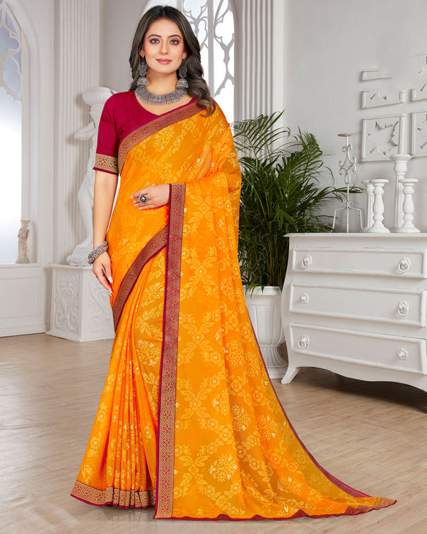 Vishal Prints Yellowish Orange Brasso Saree With Foil Print And Zari Border