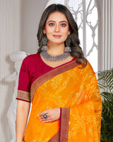 Vishal Prints Yellowish Orange Brasso Saree With Foil Print And Zari Border