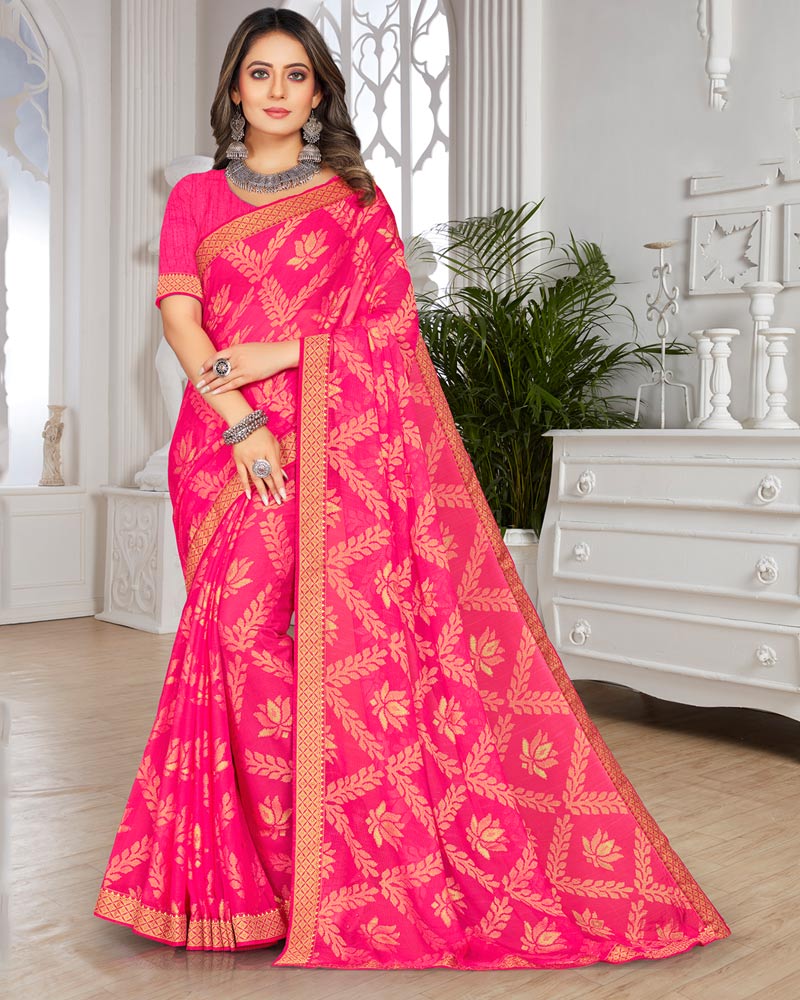 Vishal Prints Red Pink Brasso Saree With Foil Print And Zari Border