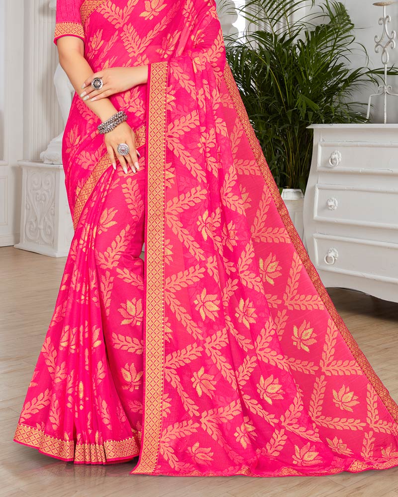 Vishal Prints Red Pink Brasso Saree With Foil Print And Zari Border