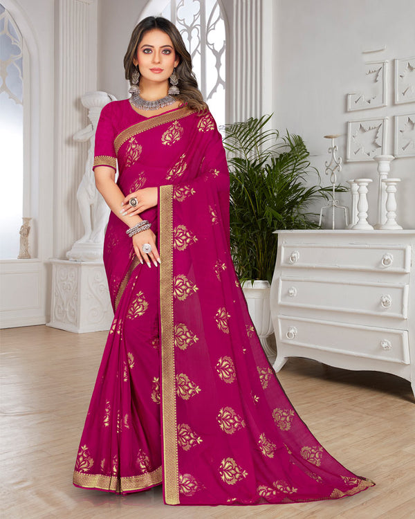 Vishal Prints Dark Fuchsia Brasso Saree With Foil Print And Zari Border
