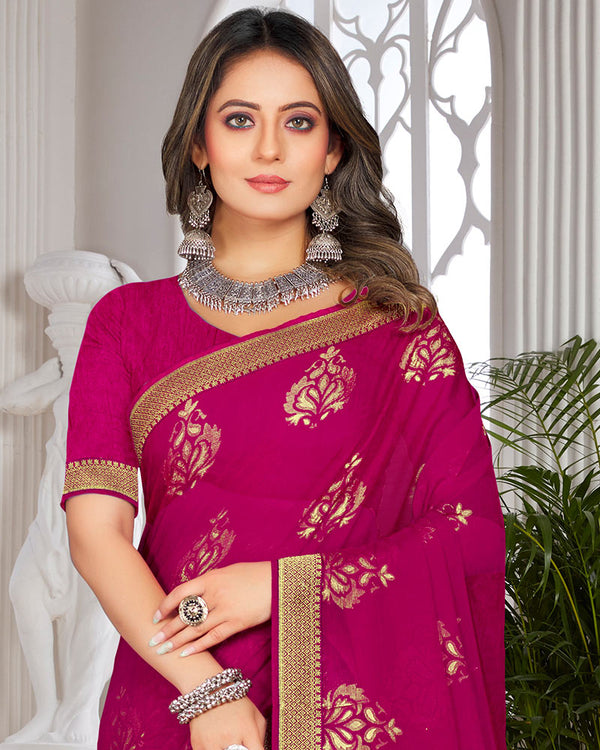 Vishal Prints Dark Fuchsia Brasso Saree With Foil Print And Zari Border