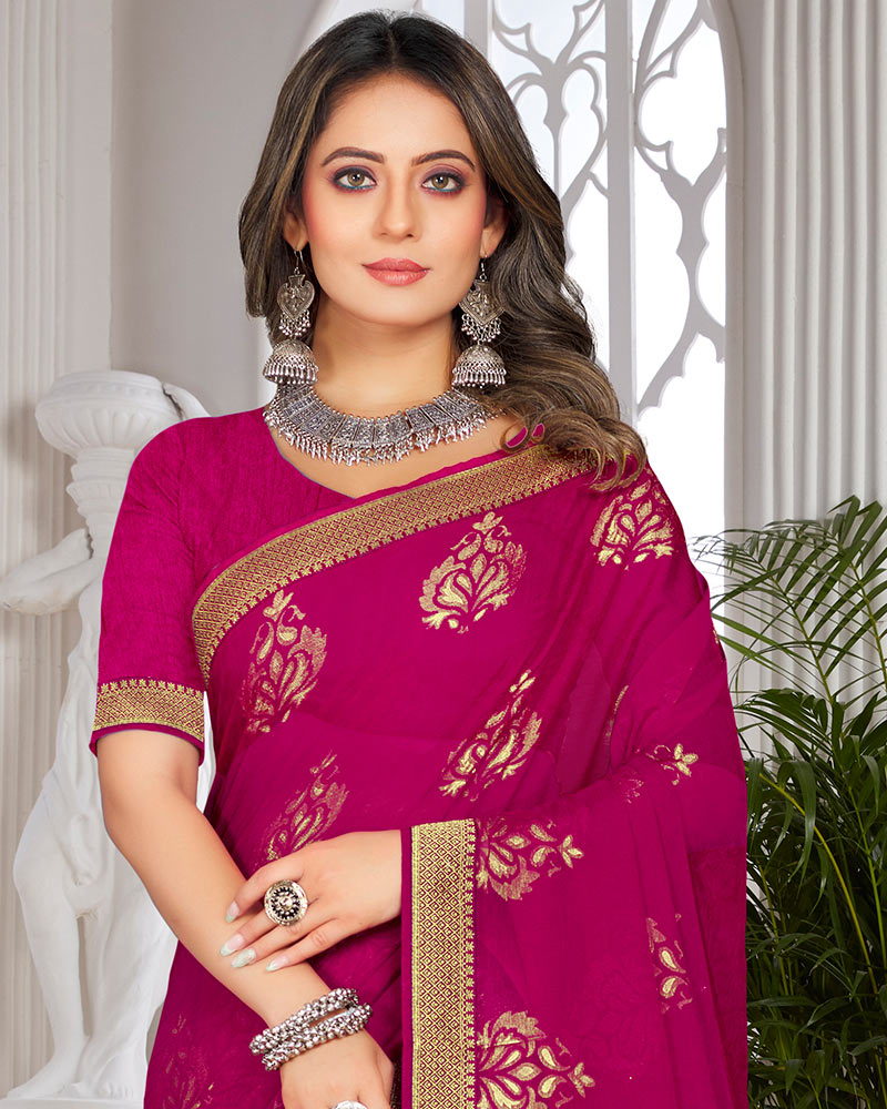 Vishal Prints Dark Fuchsia Brasso Saree With Foil Print And Zari Border
