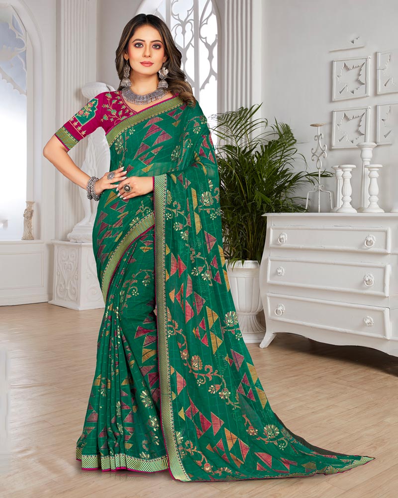 Vishal Prints Deep Sea Green Brasso Saree With Foil Print And Zari Border