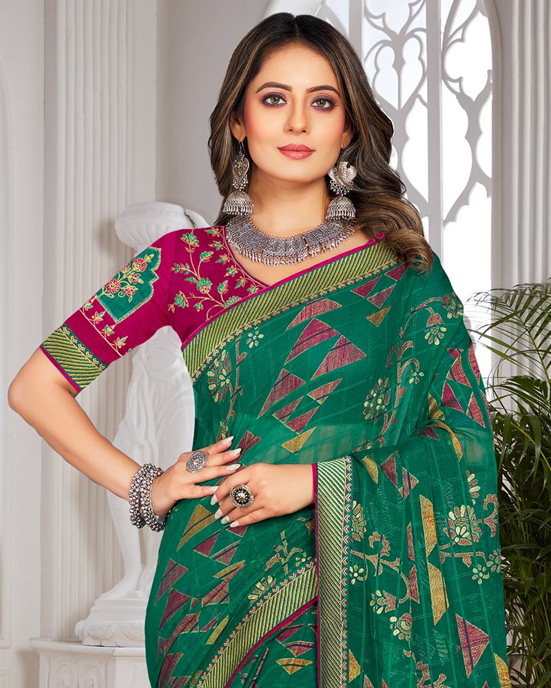 Vishal Prints Deep Sea Green Brasso Saree With Foil Print And Zari Border