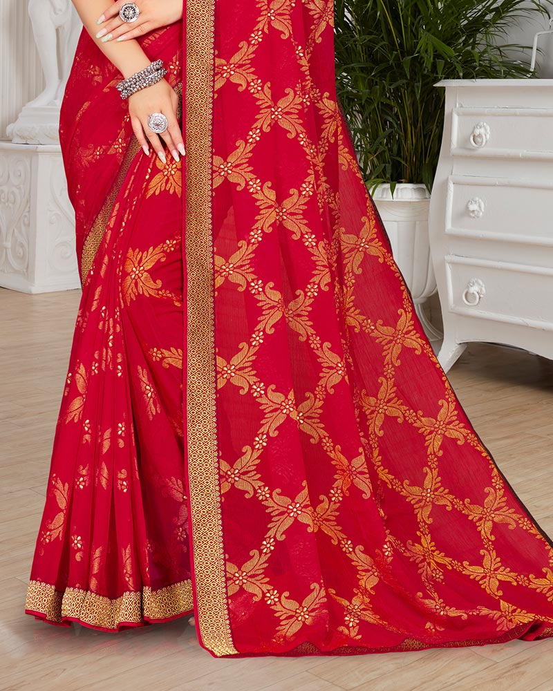 Vishal Prints Dark Red Brasso Saree With Foil Print And Zari Border